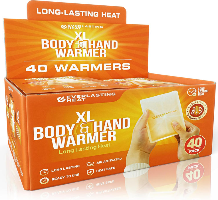 XL Hand Warmers & Body Warmers 40 Pairs - Up to 18 Hours of Long Lasting Warmth and Hot Hands - Easy Air Activation for Hands, Body and Feet - TSA Approved