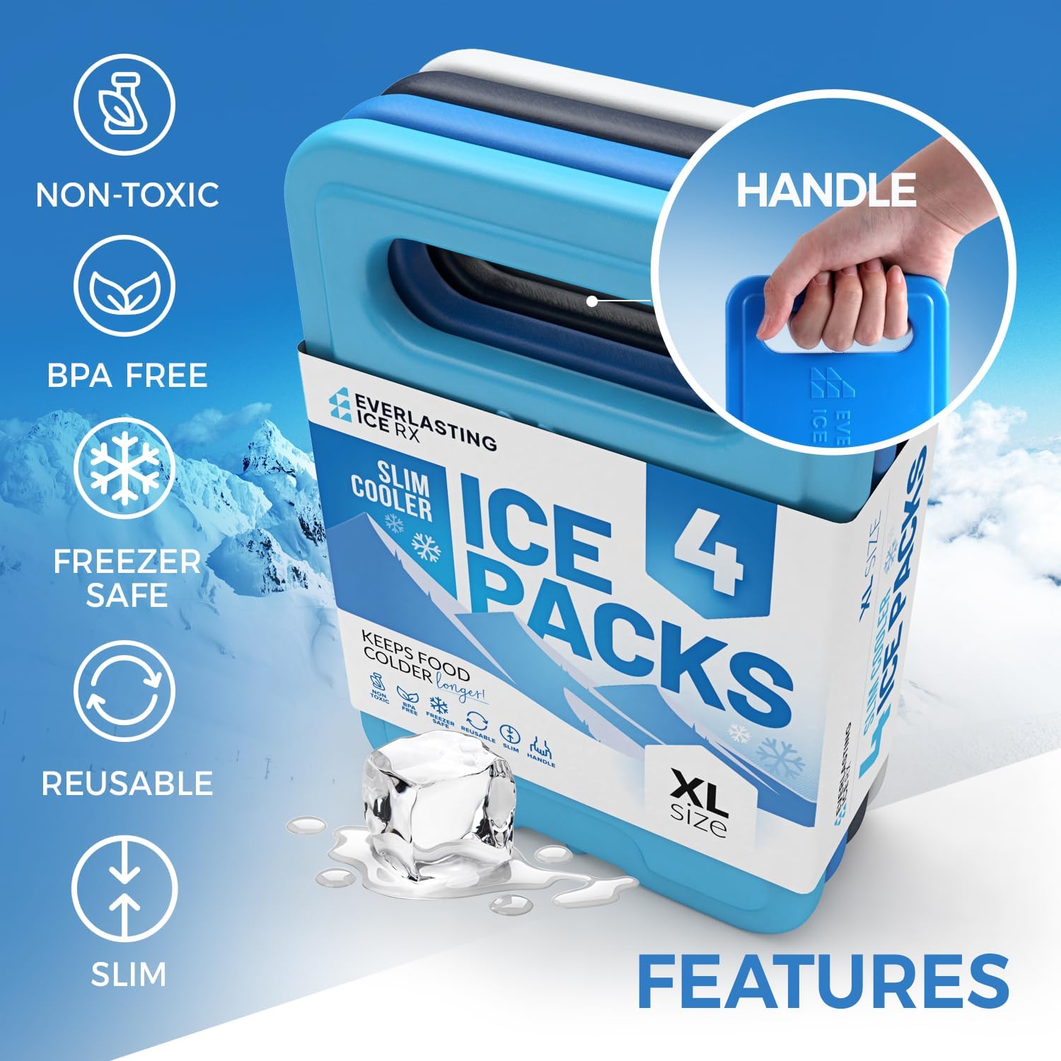 Reusable XL Slim Ice Packs for Lunch Boxes with Handle (4 Pack
