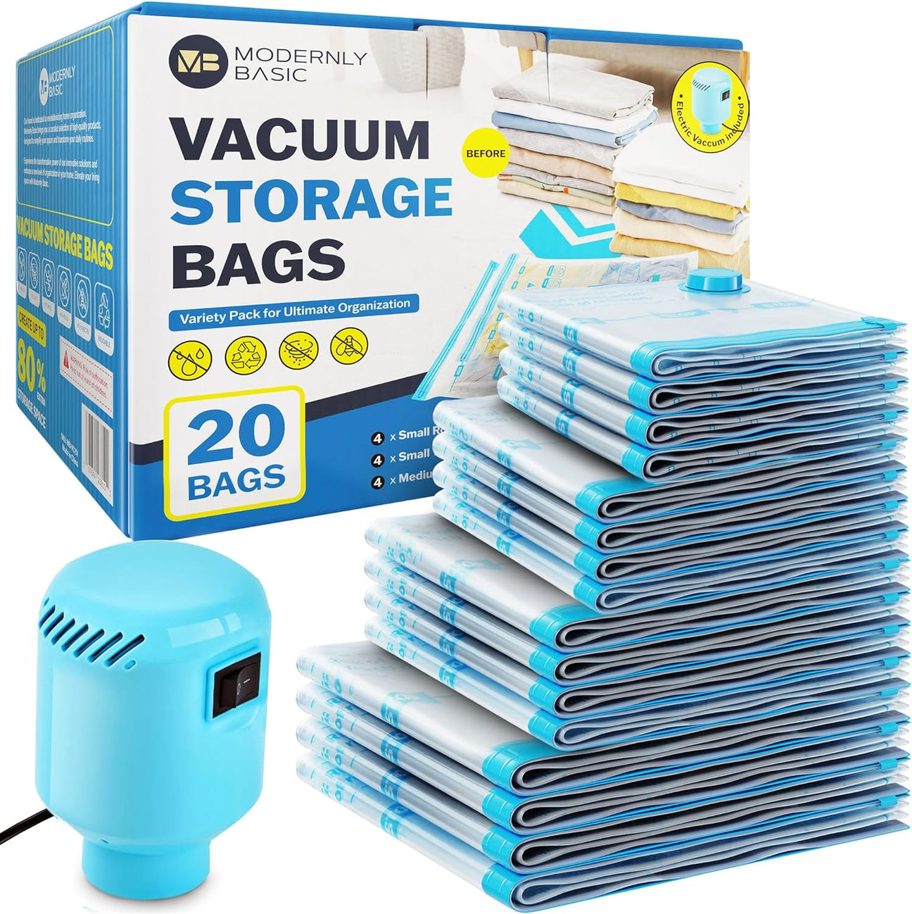 20 Pack Vacuum Storage Bags with Electric Pump, (4 Jumbo/4 Large