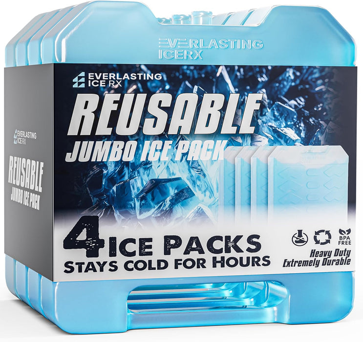 Everlasting Ice RX Jumbo XL Reusable Ice Packs for Cooler with Handle (4 Pack) Long Lasting Coolness, BPA Free, Freezer Packs for Extended Cooling | Cooler Ice Packs for Camping, Fishing, Hiking, Beach