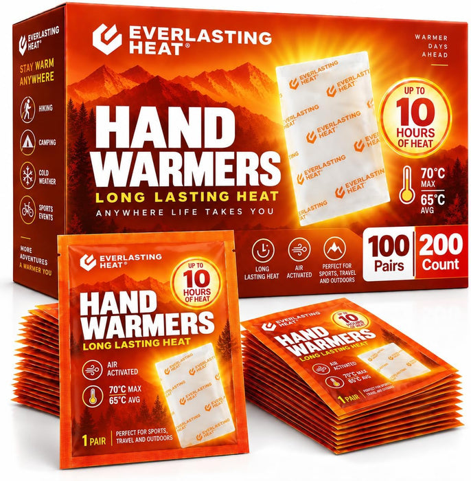 Hand Warmers - Up to 10 Hours of Long Lasting Warmth and Hot Hands - Easy Air Activation for Hands, Body and Feet - TSA Approved (100 Pairs or 200 Count)