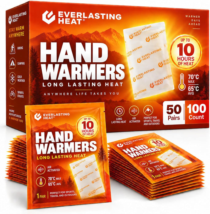Hand Warmers 50 Pairs (100 Warmers) - Up to 10 Hours of Long Lasting Warmth and Hot Hands - Easy Air Activation for Hands, Body and Feet - TSA Approved